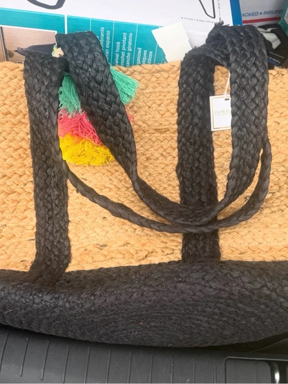 Shiraleah Natural Straw Tote with Black Trim and Multicolor Tassel
